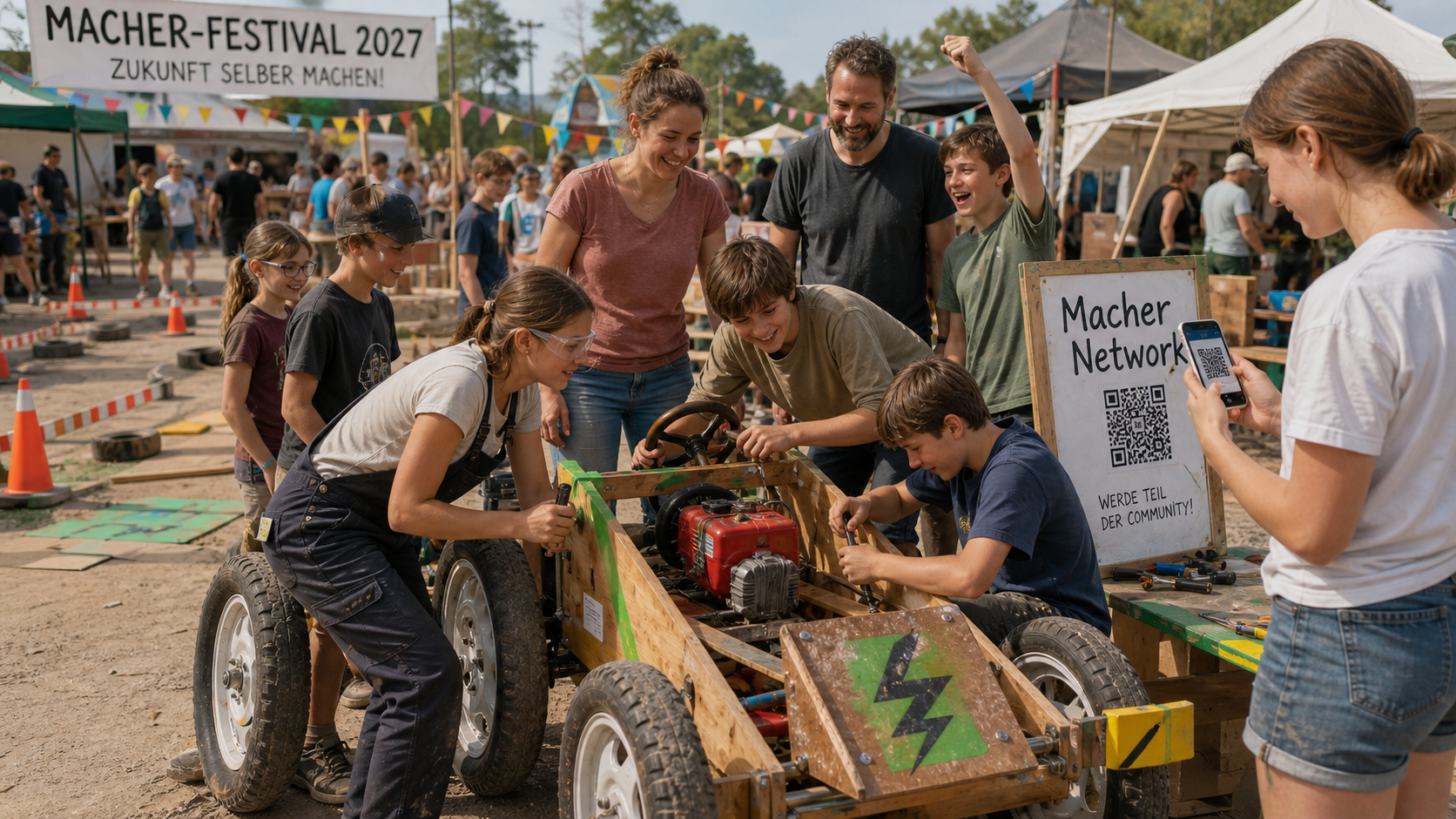 Familien und Jugendliche bauen auf einem Macher-Festival eine Seifenkiste